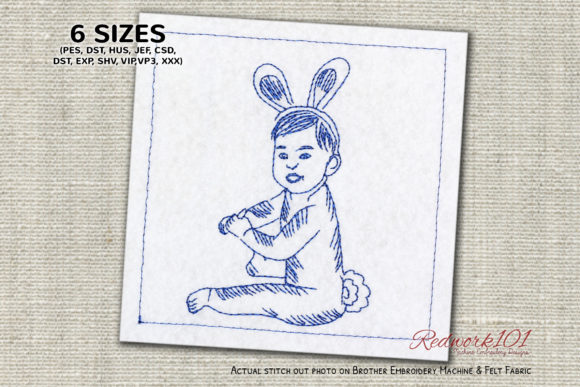 Adorable Girl Wearing Bunny Ears Redwork
