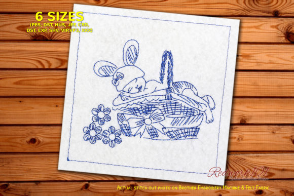 Boy Sleeping in Easter Basket Redwork