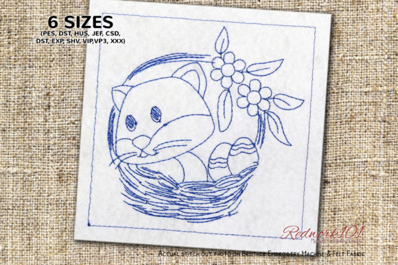 Cat in Easter Basket Redwork: A Charming Design