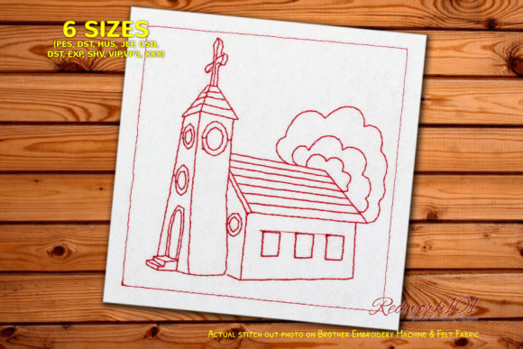 Chuch Building with Trees Redwork Design