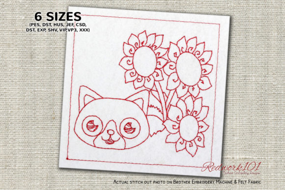 Cute Kitten with Sunflowers Redwork