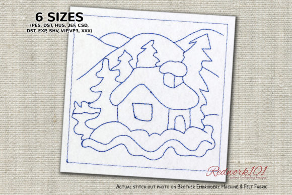 Ice House in Winter Bluework Embroidery