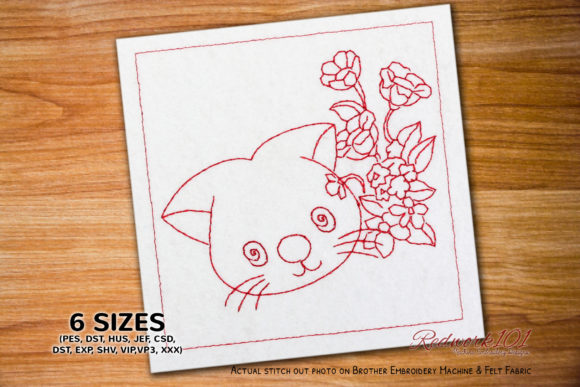 Kitty Face with Floral Pattern Redwork